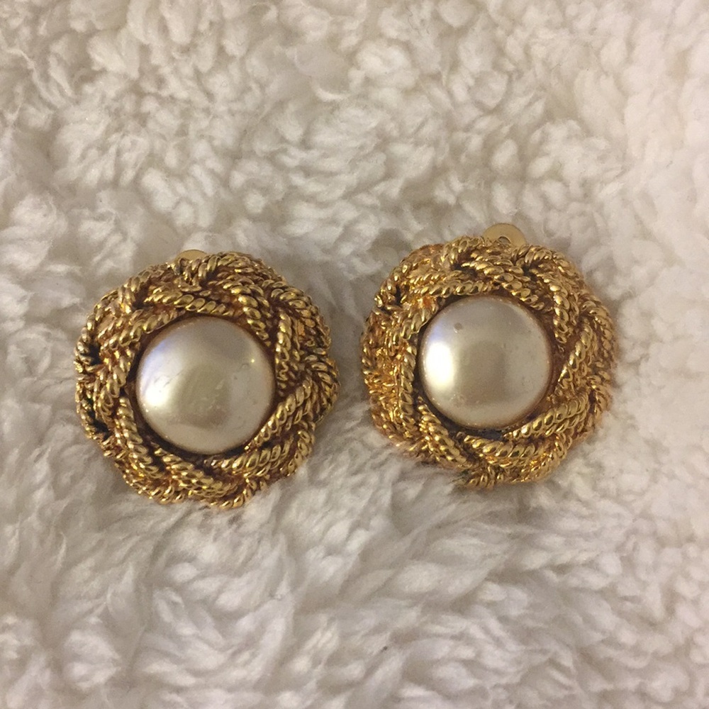 Chanel Earrings w/ Faux Pearls & Golden Chains